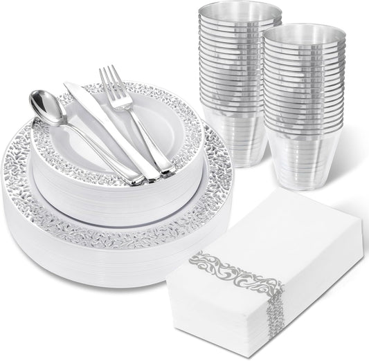 WELLIFE 210pcs Dinnerware Set - Silver Rimmed Plastic Plates Disposable Heavy Duty, Disposable Plastic Plates with Silver Rim, Water-proof, Break-proof, Best Choice for Any Party