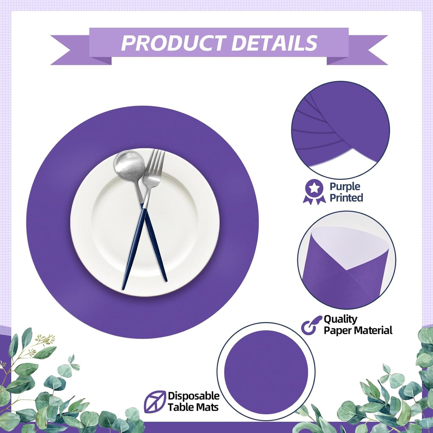 50 Pieces Purple Paper Place Mats Round Disposable Table Mats Purple Paper Doilies Decorative Placemats for Wedding Banquet Party Home Dining Tableware Decor