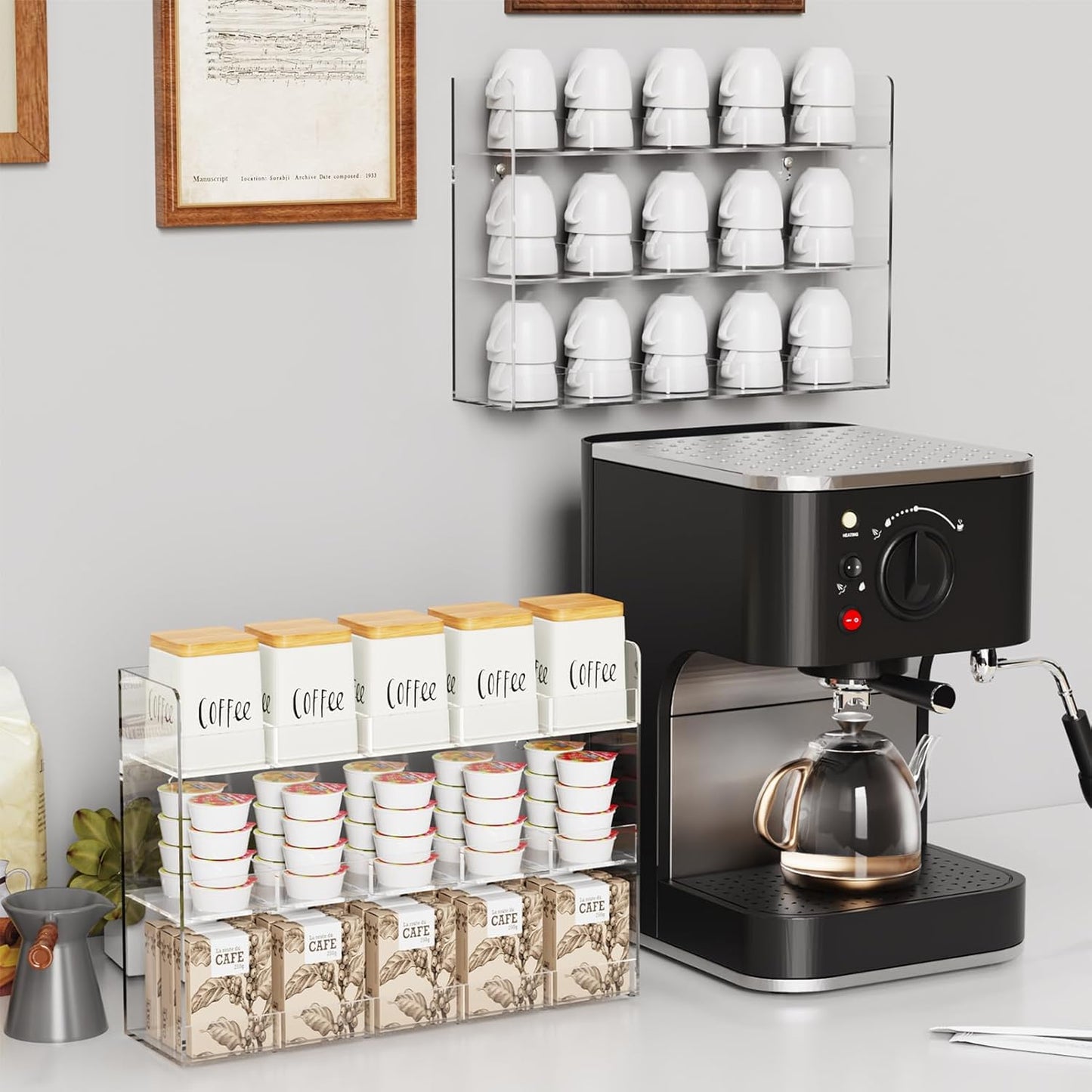 Acrylic Tea Bag Organizer, 3 Layers Tea Bag Holder for Tea Packets, No Assembly Required, Wall Mount Display Tea Caddy for Countertop or Cabinet, 15 Slots