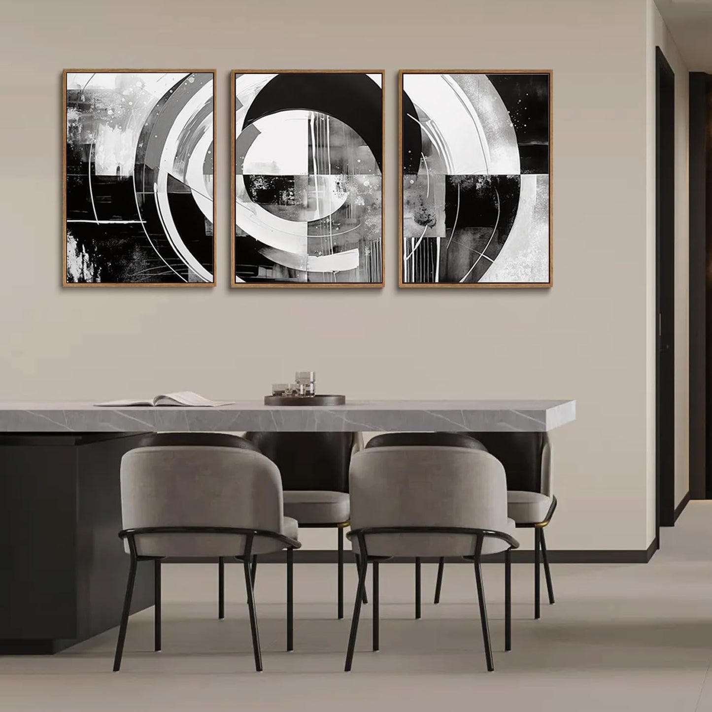 myusuar 3 Piece Large Modern Abstract Canvas Framed Wall Art For Living Room, Black And White Rings Minimalist Wall Art Decor Posters Prints For Bedroom Office, 24x36in