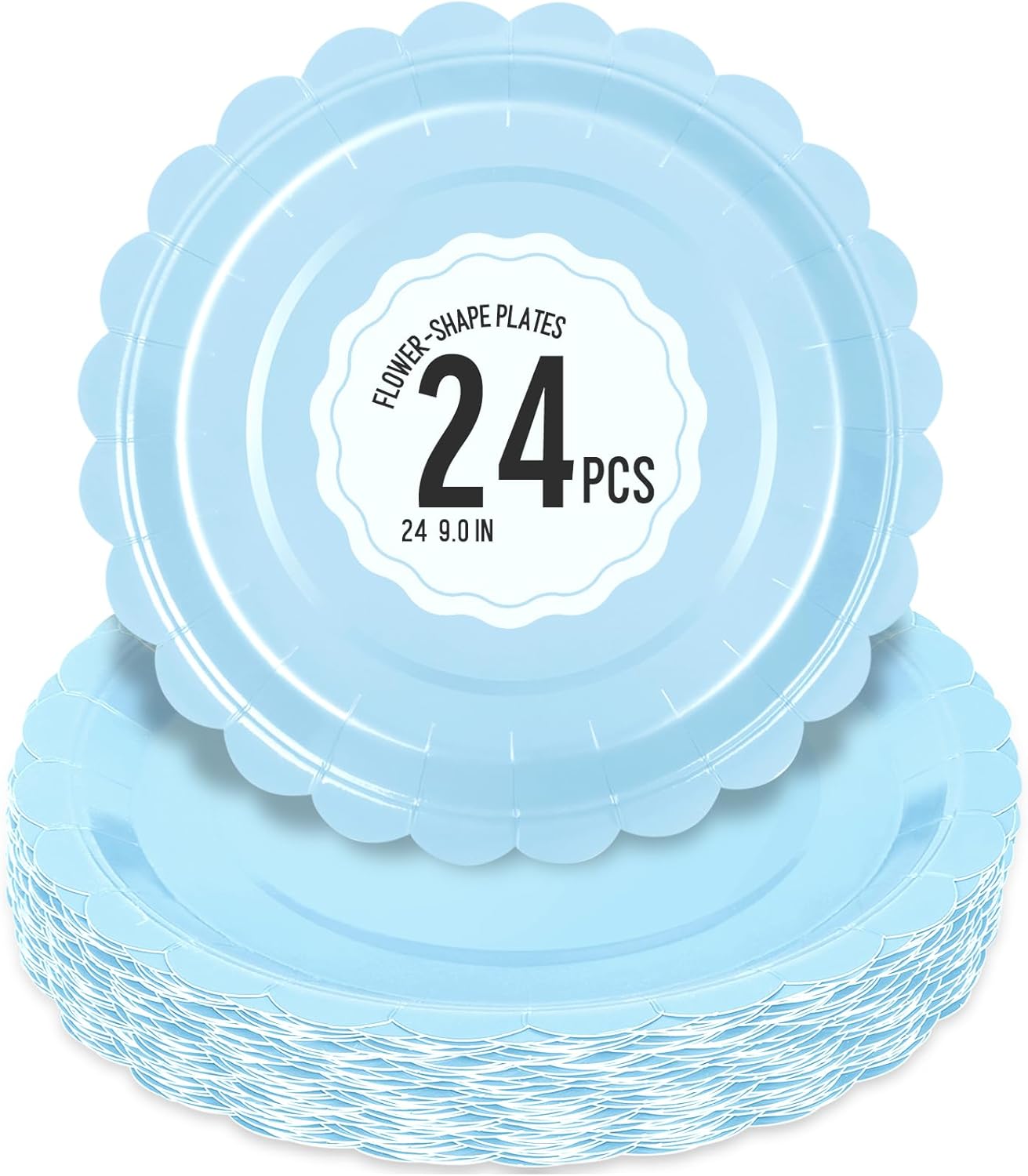 24 Pcs Light Blue Paper Plates 9 Inch Scalloped Dessert Plates - Disposable Light Blue Cake Plate - Baby Shower Birthday Party Wedding Bridal Party Supplies