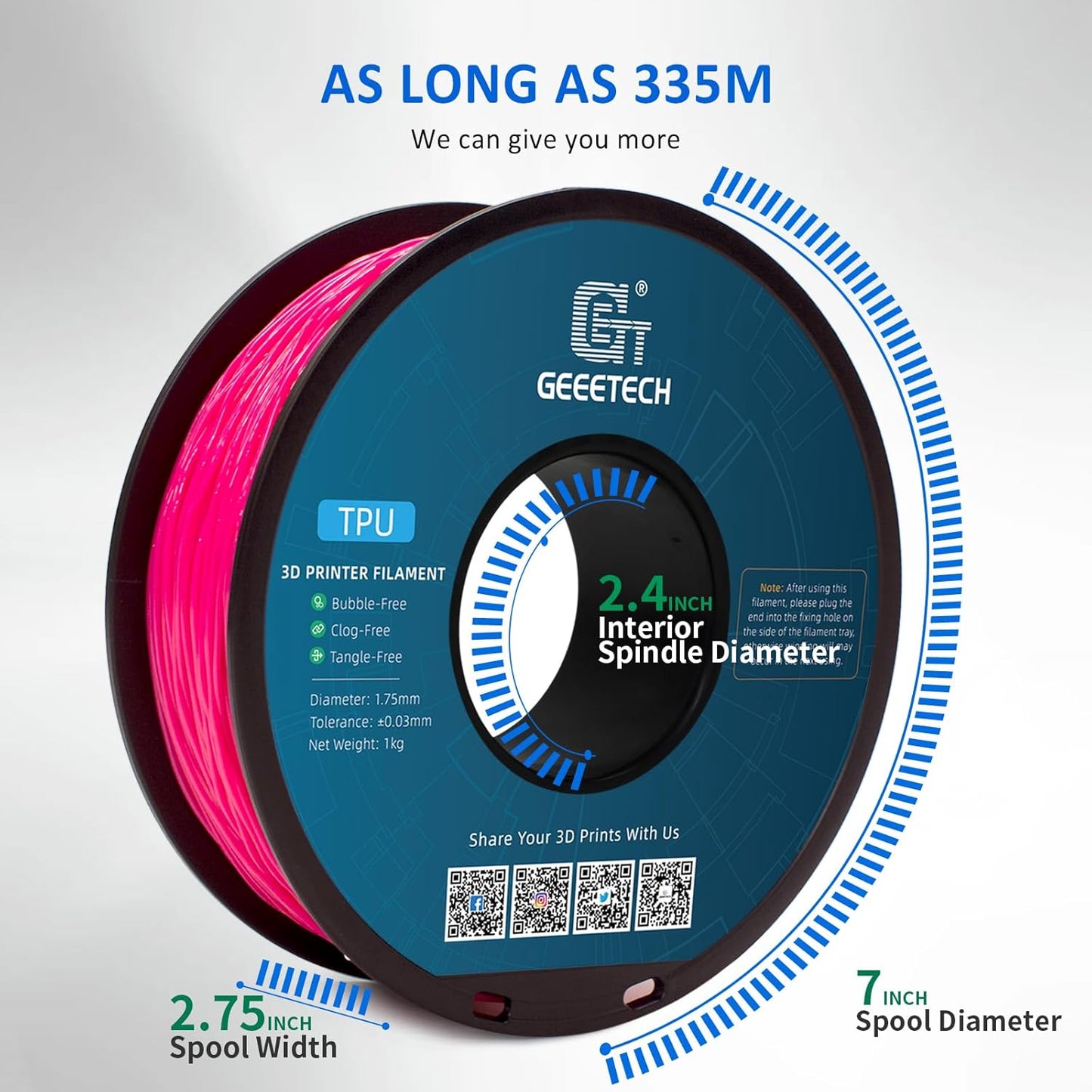 Geeetech TPU Filament 1.75mm – 95A Flexible 3D Printer Filament with High Elasticity, 1KG (2.2lbs) Spool, Dimensional Accuracy ±0.03mm, Fits Most FDM Printers (Pink)