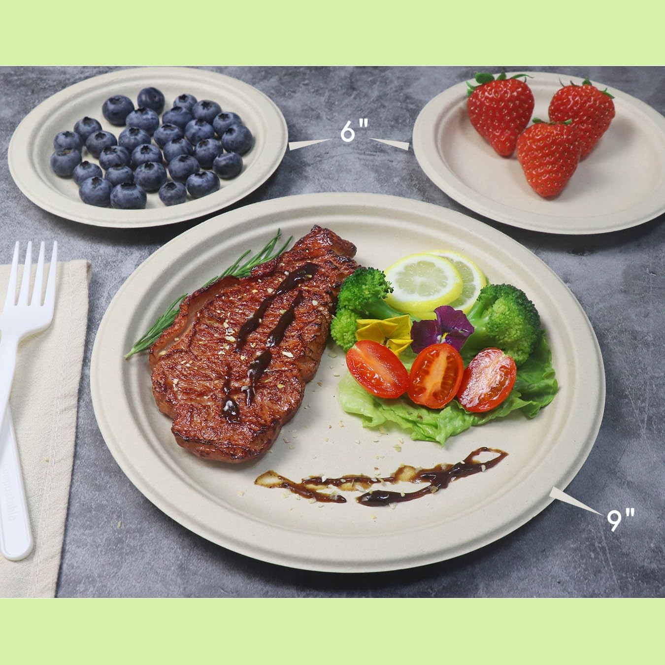 GreenWorks 100 Count 9“ Heavy-duty Compostable Plates, Unbleached Biodegradable Bagasse and Bamboo fiber Paper Plates