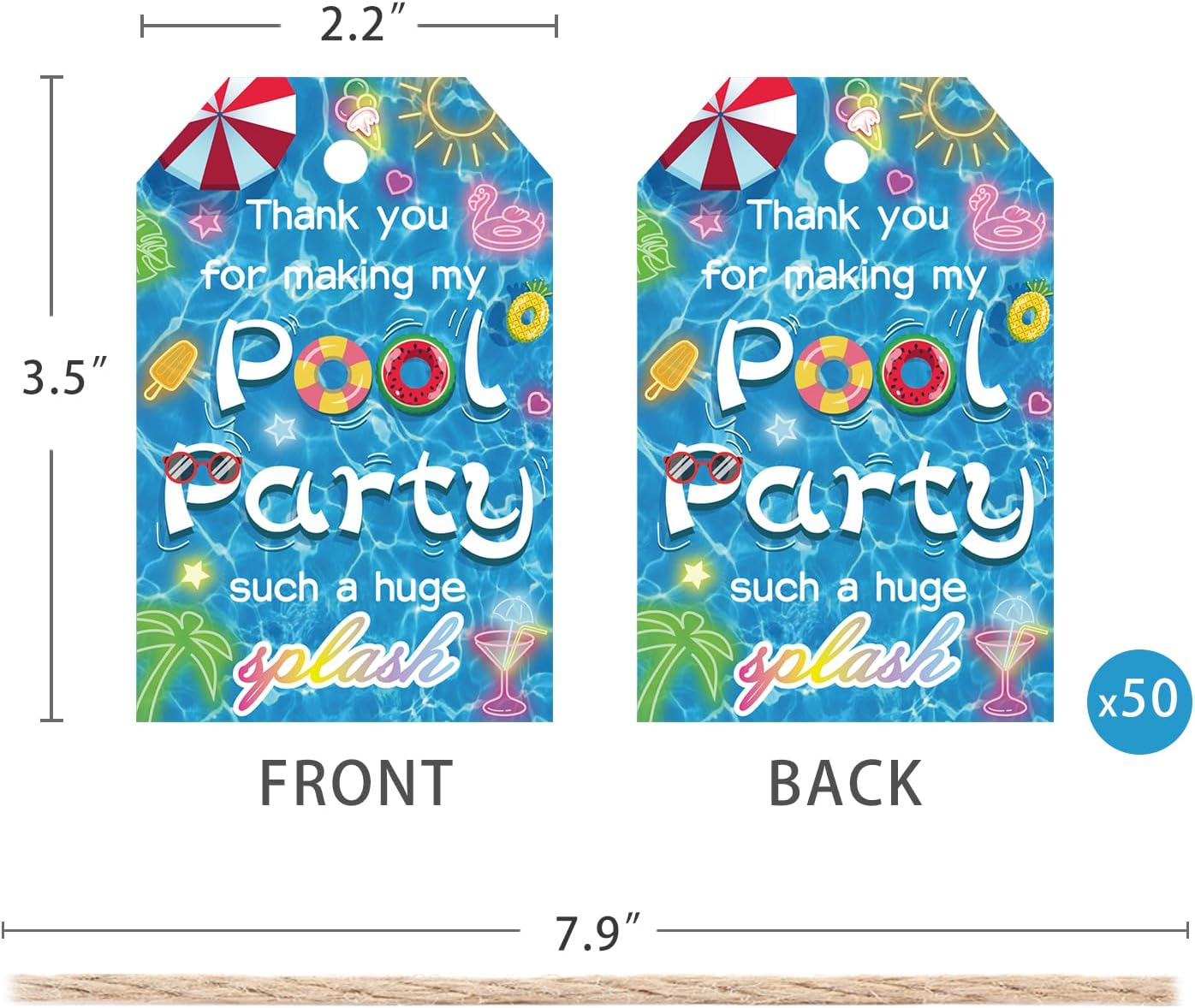 50pcs Pool Party Thank You Tags, Summer Beach Themed Gift Tags for Baby Shower and Birthday Party Favors Decoration (Pool)