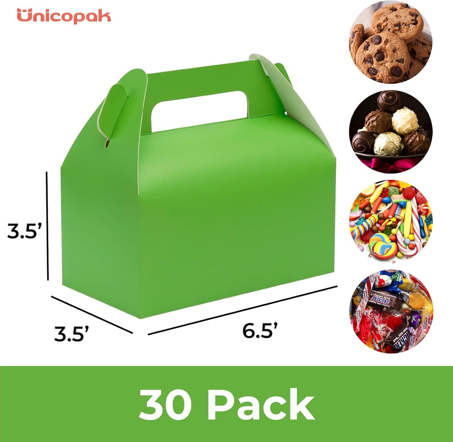 UnicoPak 30 Pack Green Gable Treat Boxes Party Favor Goodie Bag Boxes for Candy Treats Snacks Cookie Toys for Birthday Party Special Events, 6.5x3.5x3.5 Inches