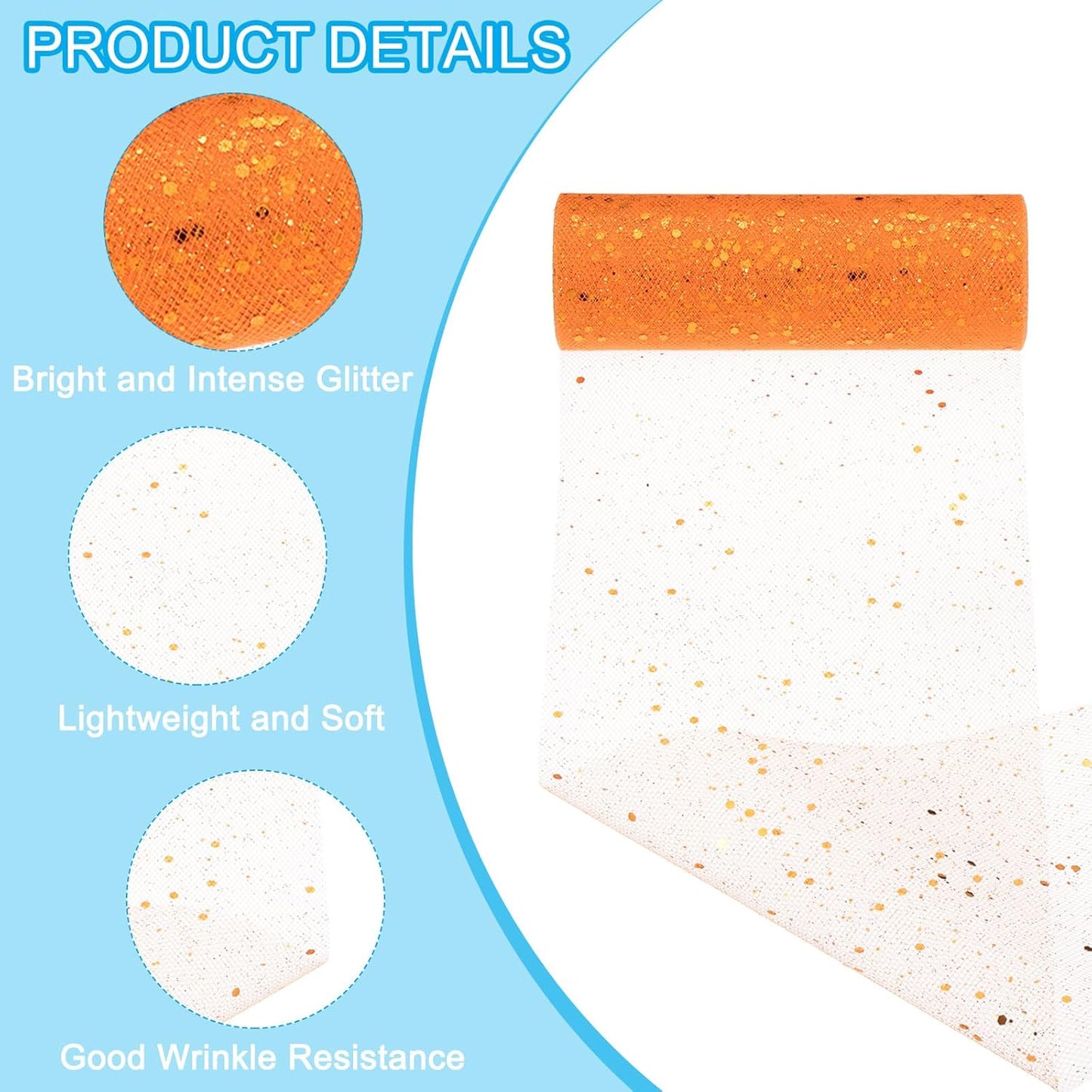 PATIKIL Tulle Fabric Rolls, 6 Inch by 10 Yards Fabric Spool Tulle Sparkling Ribbon Netting Sequin for DIY Tutu Skirts Crafts Wedding Party Decorations, Orange