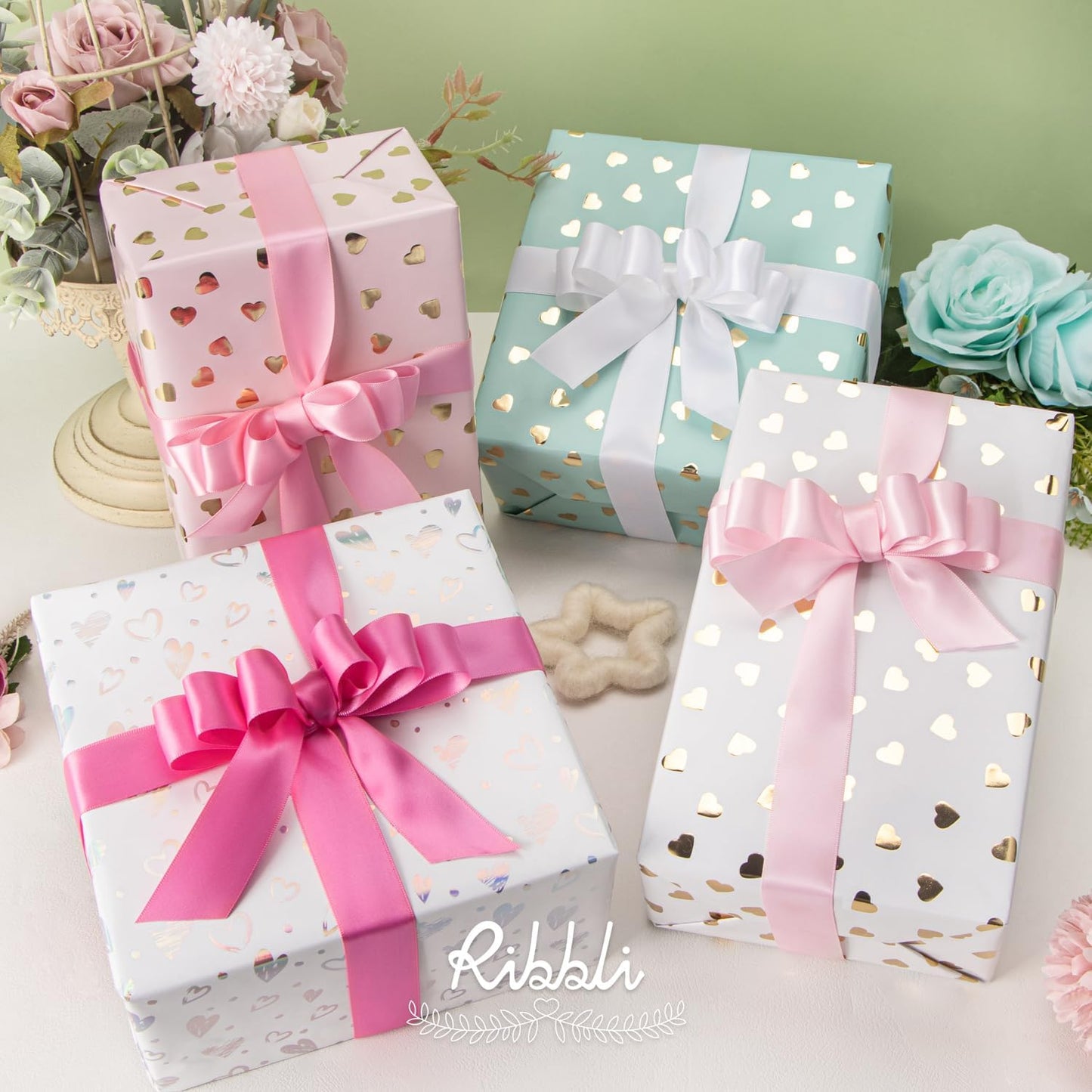 Ribbli Satin Ribbon 1 Inch x 4 Rolls Total 40 Yards - White/Light Pink/Hot Pink for Gift Wrapping, Craft, Wedding Decoration