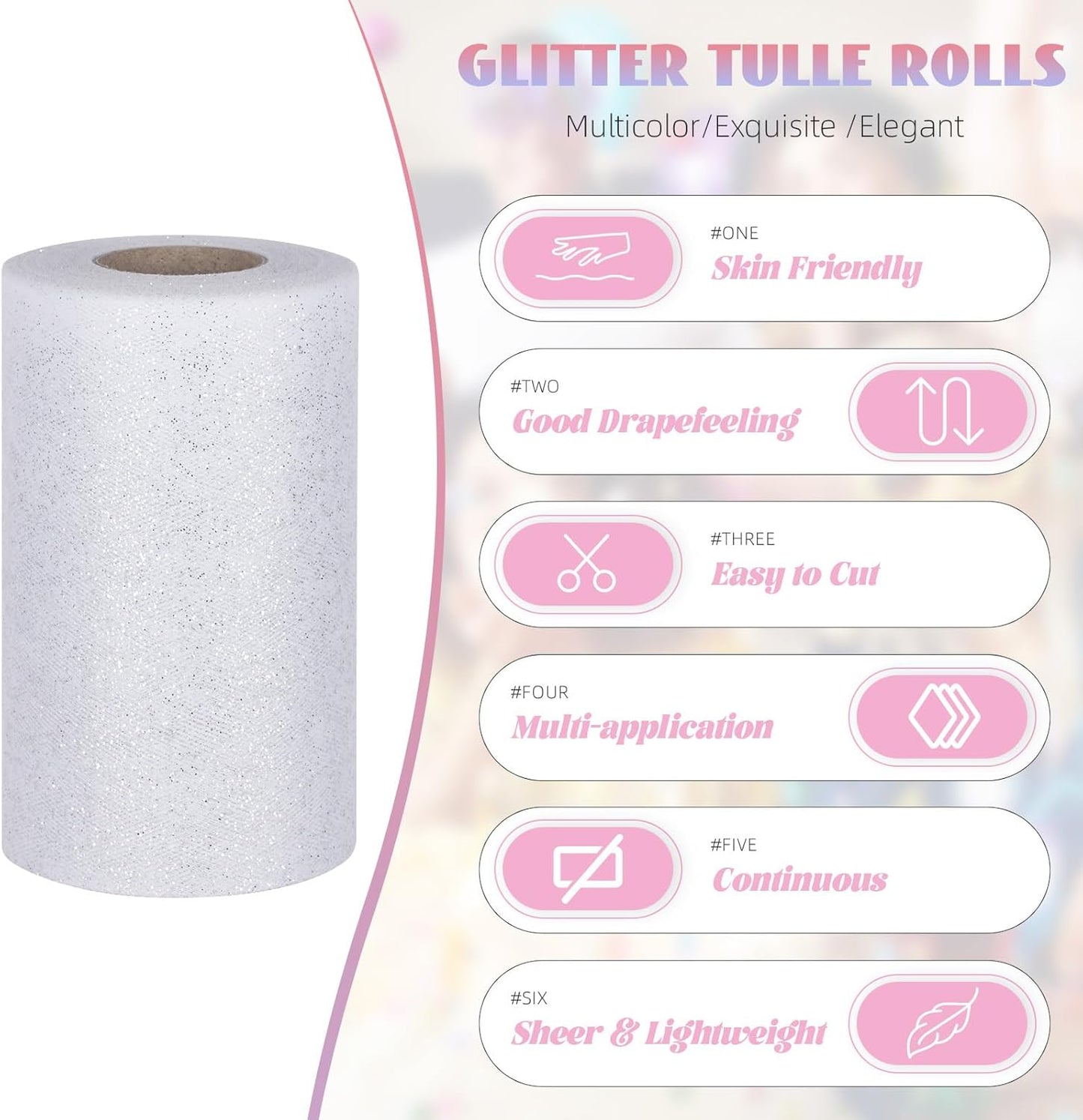 Glitter Tulle Rolls 6” by 50 Yards Sparkle Tulles Fabric Ribbon Sequin Tulle Netting Rolls for DIY Tutu Skirt Wedding Birthday Party Decoration (White/Silver-New)
