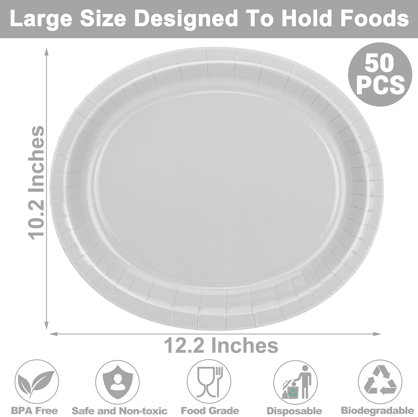 QZYL 50 Count Large Silver Oval Paper Plates, 12.2'' X 10.2'' - Disposable Dinner Plates for Bulk Party Decorations, Wedding, Anniversaries, Graduation, Birthday