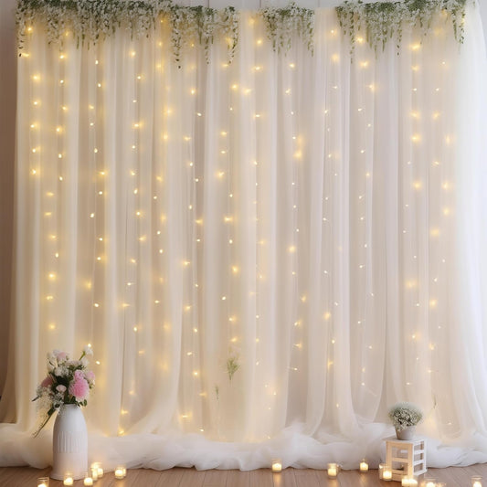 10ft x 10ft Cream White Chiffon Backdrop Curtain with Lights String for Parites Wedding Wrinkle Free Curtain Photo Backdrops Drapes for Baby Shower Birthday Party Home Decorations
