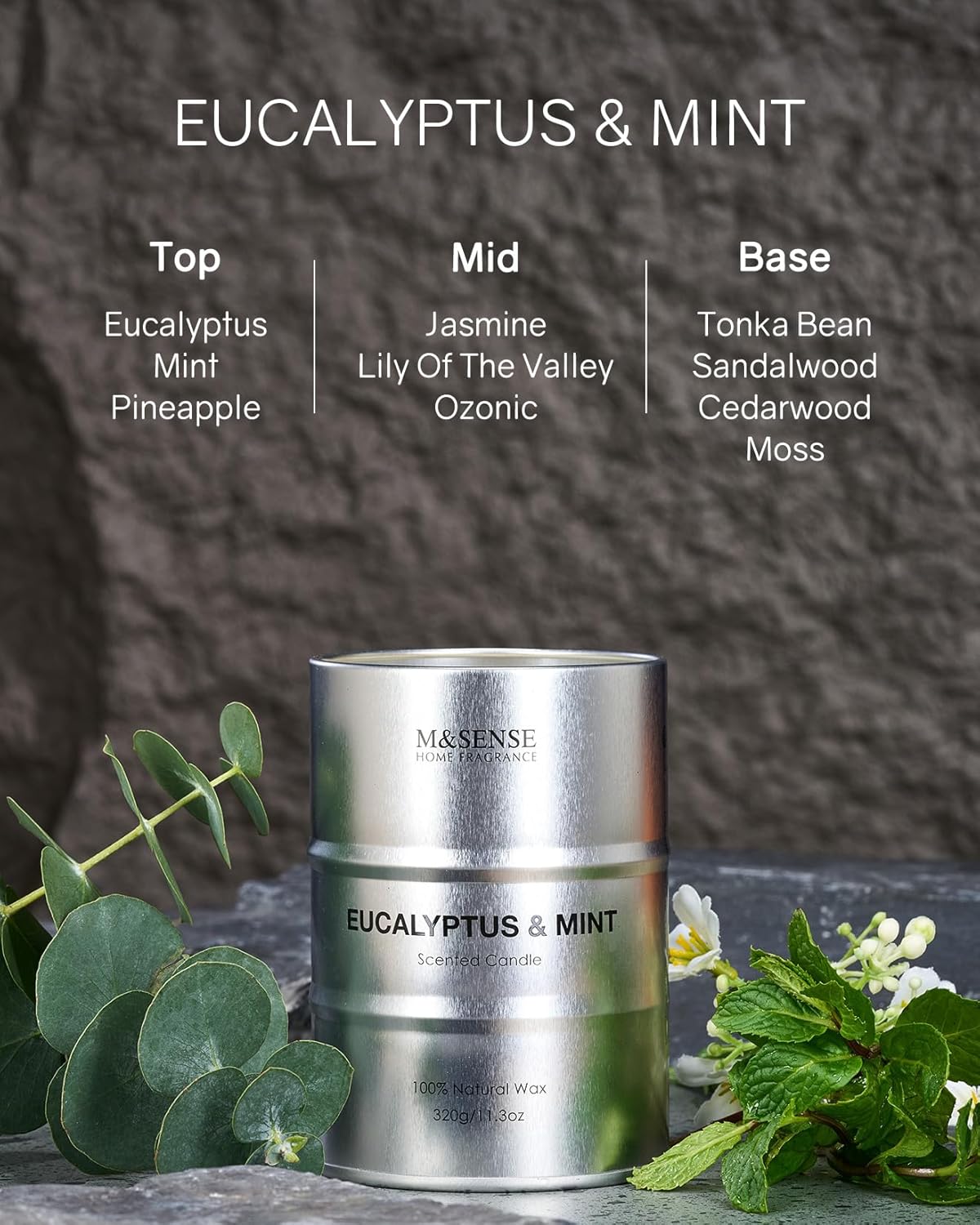 M&SENSE Scented Candle, Eucalyptus Mint Medium Jar Candle for Men, 70 Hours Slow Burning Natural Soy Candles 11.3oz, Stress Relief Aromatherapy Candles Home Decor, Valentines Day Gifts for Him