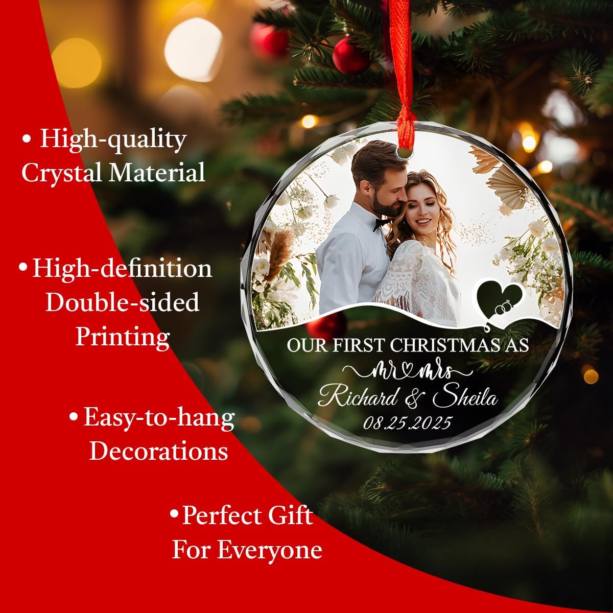 Personalized Christmas Ornaments with Names, Couple Glass Ornament, Custom Wedding Gifts for Couples 2025, Wedding Gift Ideas for Newly Wed Couple, Bride, Bridal Shower, Future Mr & Mrs (C1)