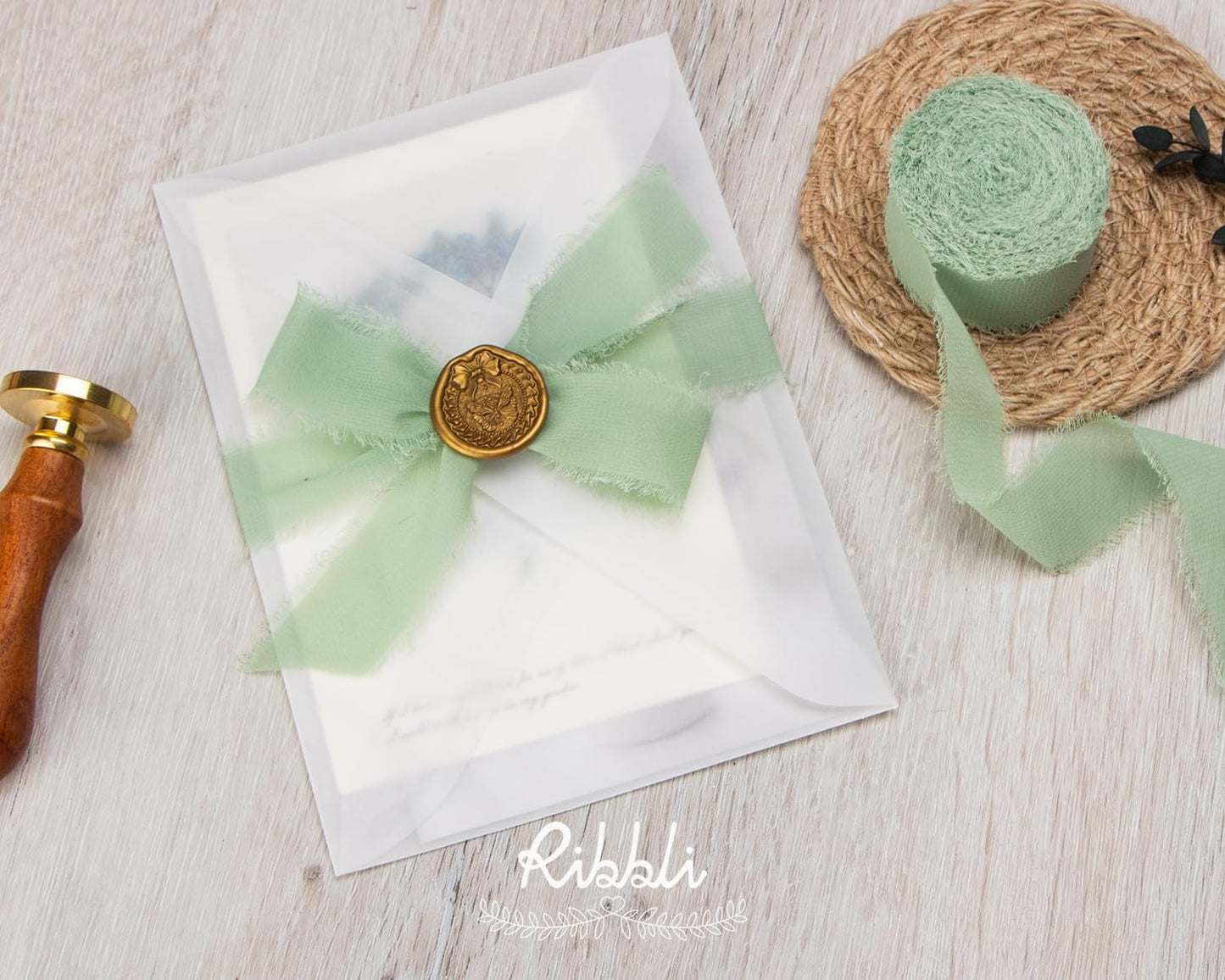 Ribbli Sage Green Ribbon 1 Inch x 3 Rolls Total 24 Yards Green Handmade Fringe Chiffon Silk Ribbon for Wrapping Wedding Invitations Bridal Bouquets DIY Crafts Home Decor