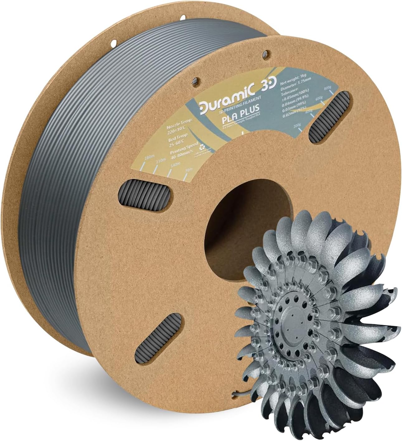 DURAMIC 3D PLA+ Filament 1.75mm 1Kg Silver, PLA Plus Filament 1Kg Spool(2.2lbs) Tougher and Stronger, Dimensional Accuracy Probability +/- 0.02mm