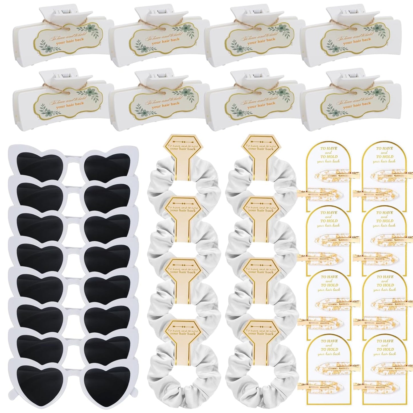 White Bridesmaid Proposal Gift Set, 8PCS Hair Claw, Scrunchies, Makeup Clips & Heart Sunglasses – Elegant Gift for Wedding Party Favors, Maid of Honor, Girls and Teen Birthday Gifts