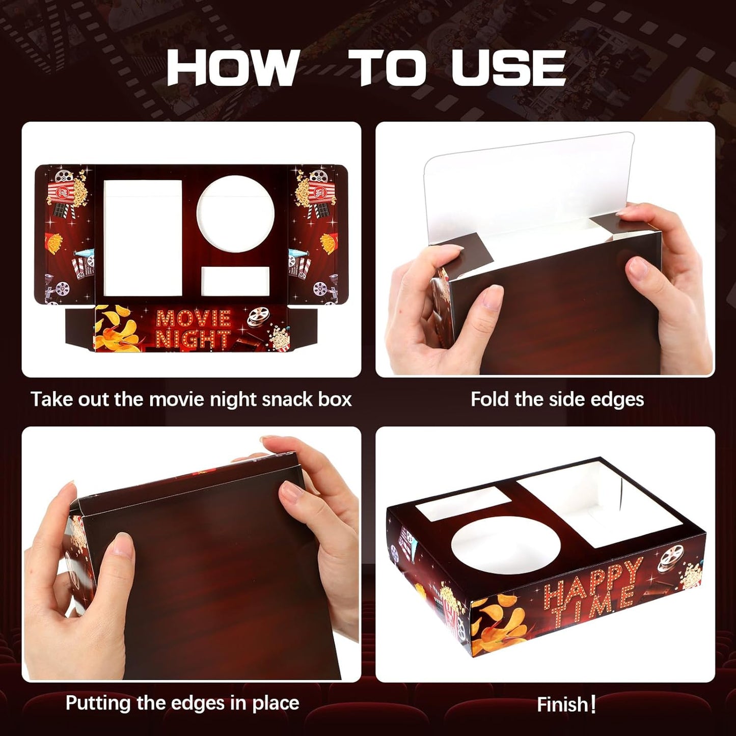 Faccito 36 Pcs Movie Night Snack Trays Movie Theater Snack Boxes Night Supply Disposable Paper Holder Tray for Popcorn Food Candy Drink Party 8 x 6 Inch(Dark Red,Retro Style)