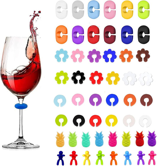 TuTuYa Wine Glass Charms - 52PCS Reusable Silicone Wine Glass Markers for Parties, Weddings, Banquets, Graduations