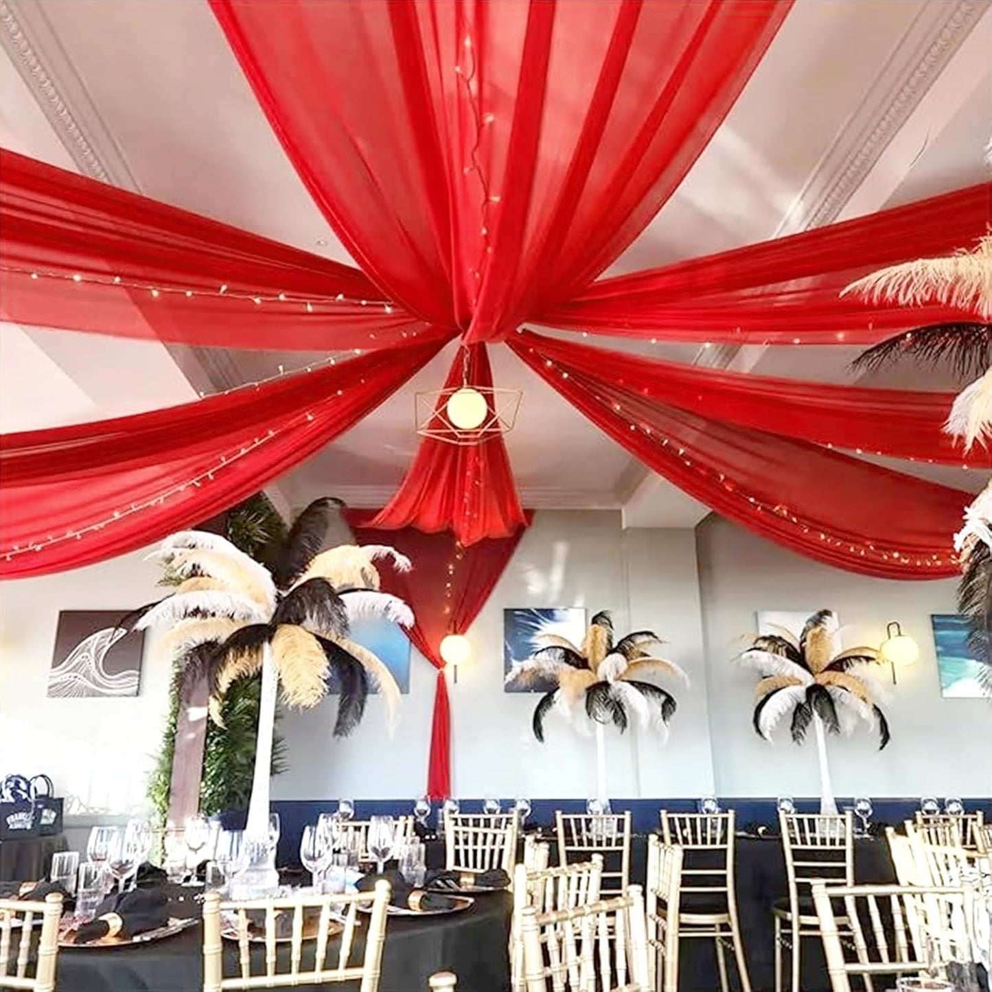 6 Panels Red Wedding Ceiling Drapes 5ftx20ft Ceiling Drapes Chiffon Fabric Arch Draping Sheer Curtains Soft Drapery Draping Wedding Ceiling Decorations for Party Ceremony Stage Swag