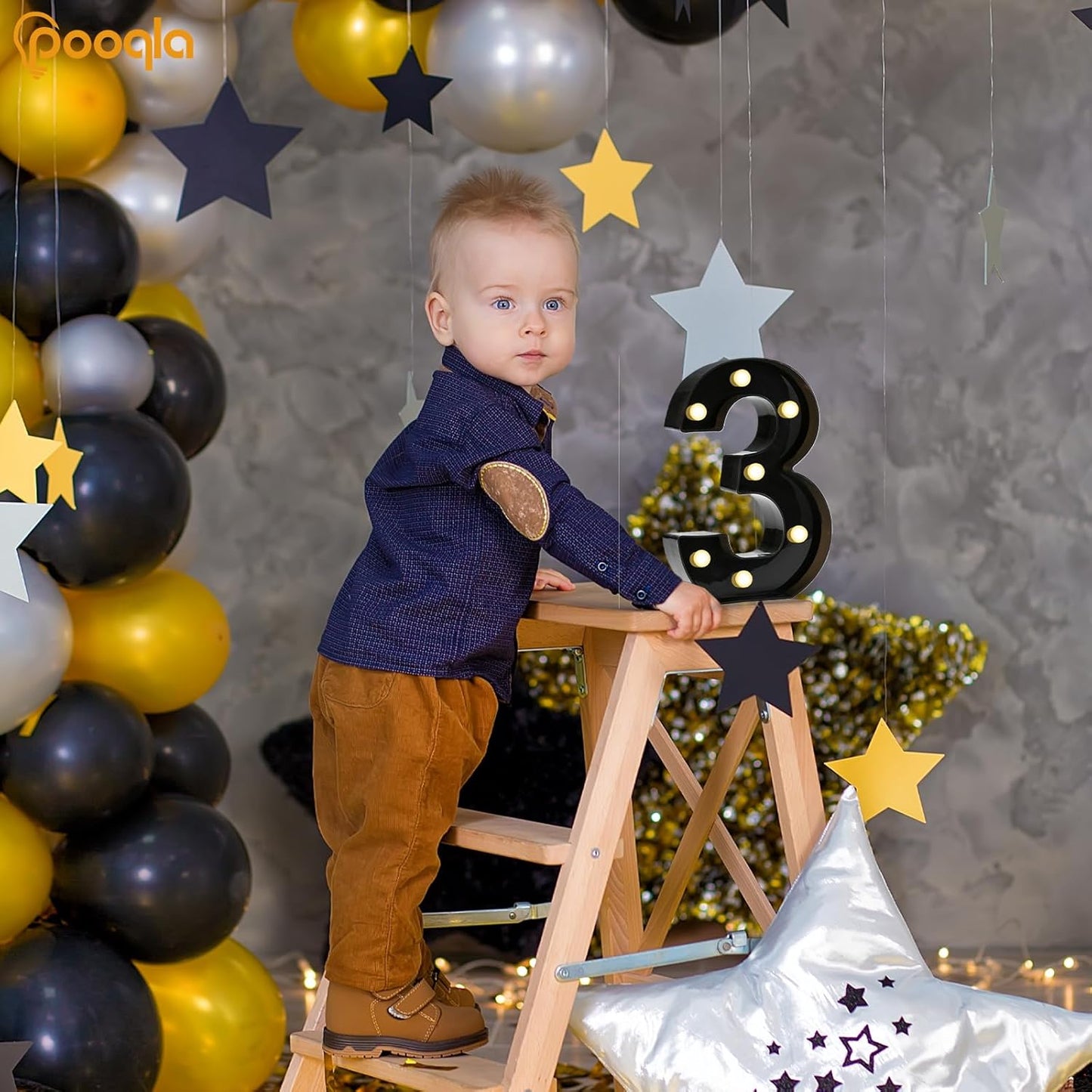 Pooqla Decorative Led Light Up Number Letters, Black Plastic Marquee Number Lights Sign for 3th 13th Birthday Party Wedding Decor Battery Operated Black Decoration 3