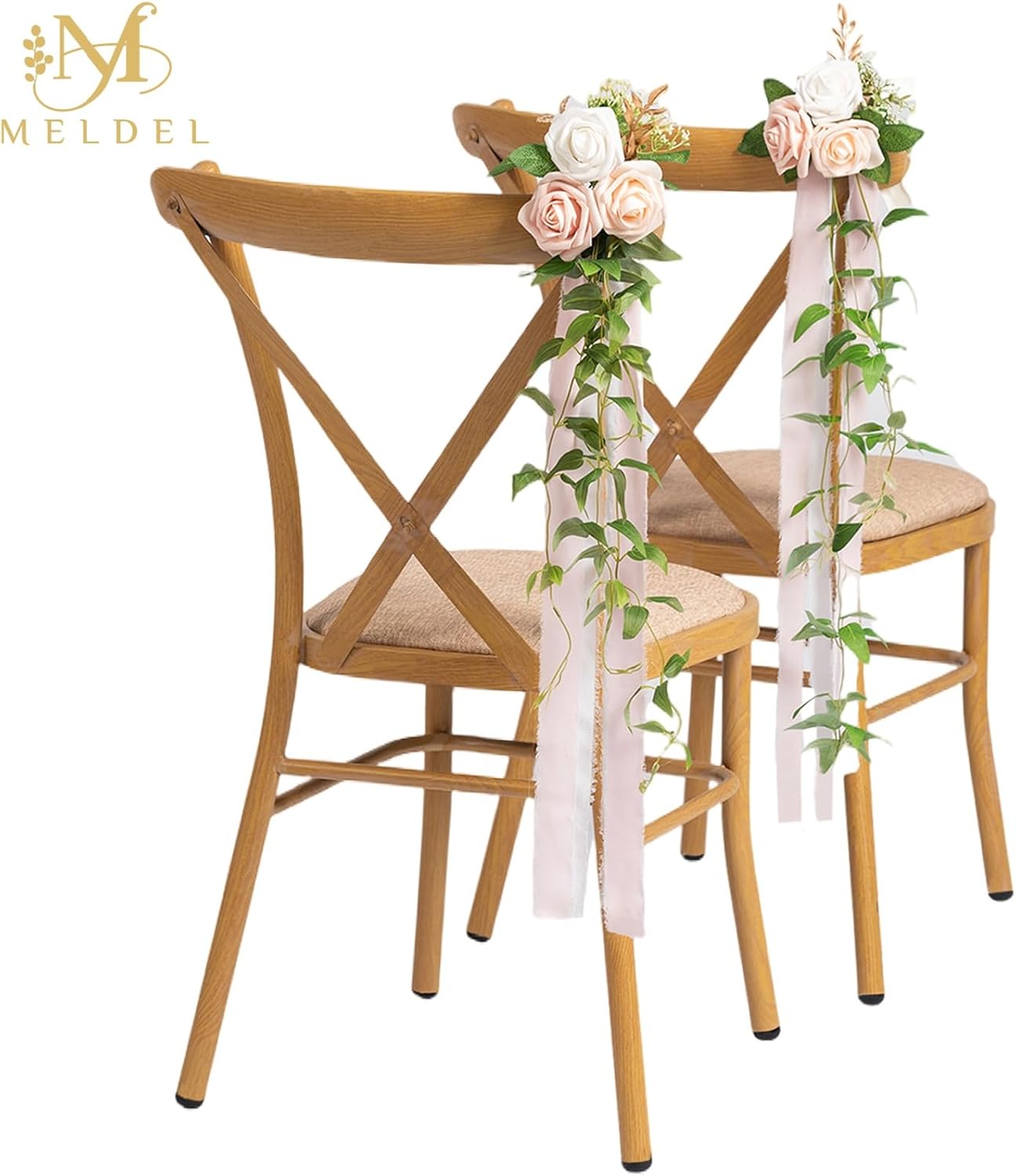 Meldel Wedding Chair Decorations Set of 10 Aisle Artificial Flowers White Pink Rose Garland with Hanging Ribbons for Ceremony Reception Church Pew Arrangement Party Wedding Aisle Decor