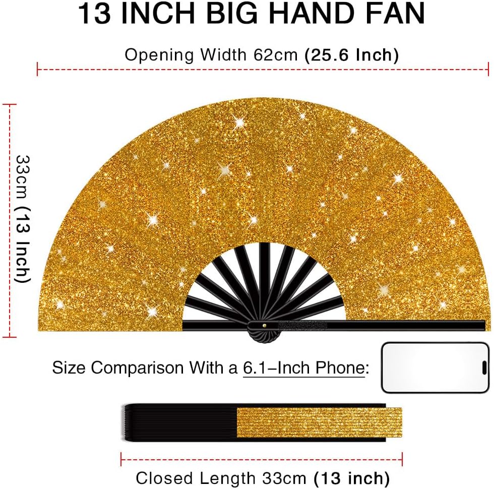 13" Large Folding Rave Fan with Holster, Clack Hand Fans Foldable for Line Dancing, Boots On The Ground Fan for Women Men Festival EDM Party Decoration, Glitter Glod