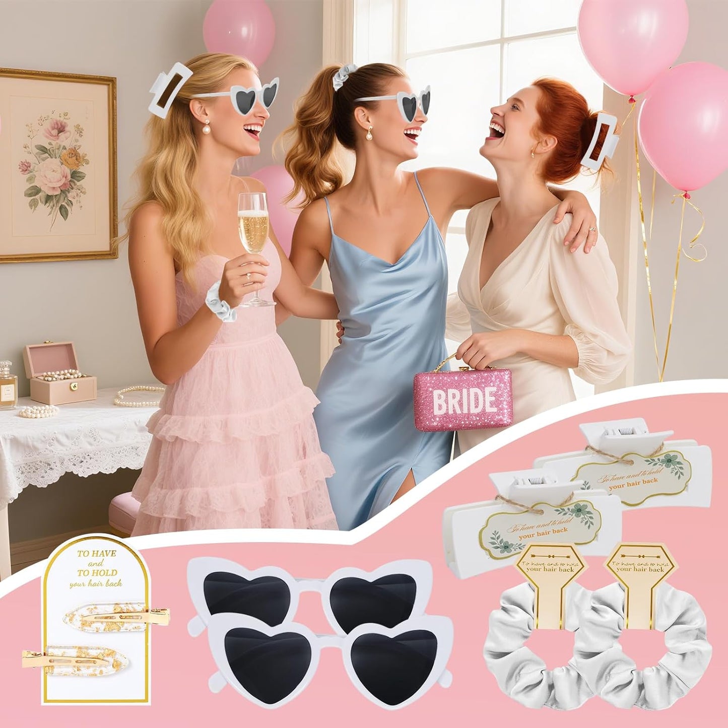 White Bridesmaid Proposal Gift Set, 8PCS Hair Claw, Scrunchies, Makeup Clips & Heart Sunglasses – Elegant Gift for Wedding Party Favors, Maid of Honor, Girls and Teen Birthday Gifts