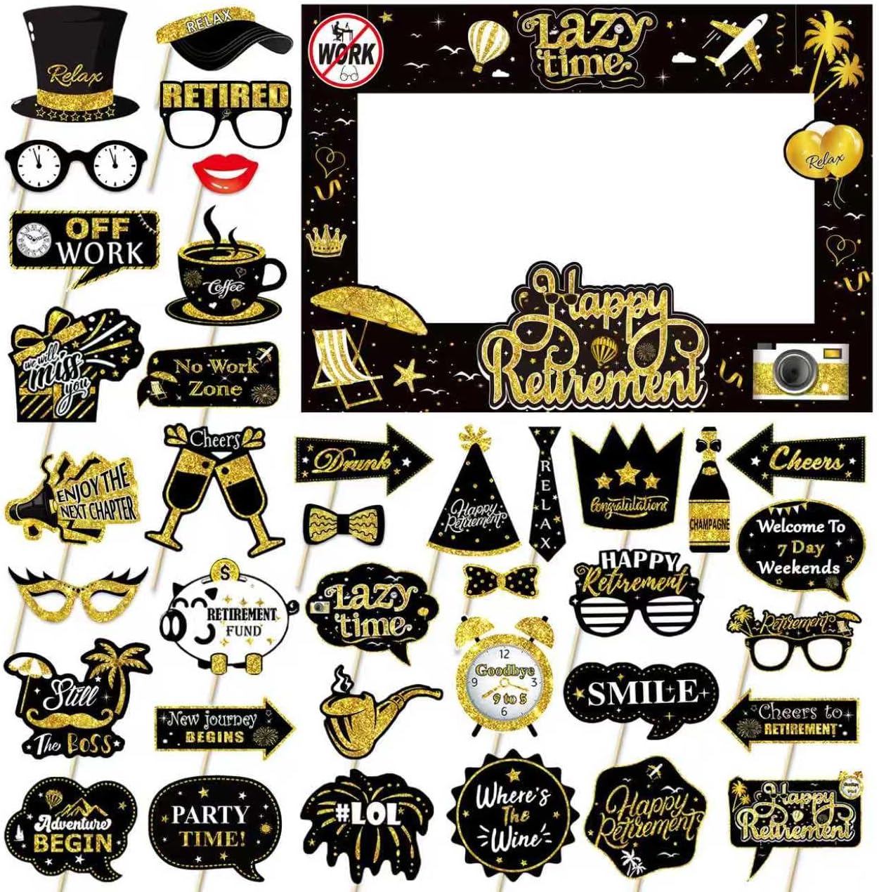 Retirement Party Photo Booth Props Kit - 27pcs Paper Photo Props 1 Frame Glitter Retirement Party Decorations for Retiree Celebration, Farewell Office Party Supplies (Black and Gold)