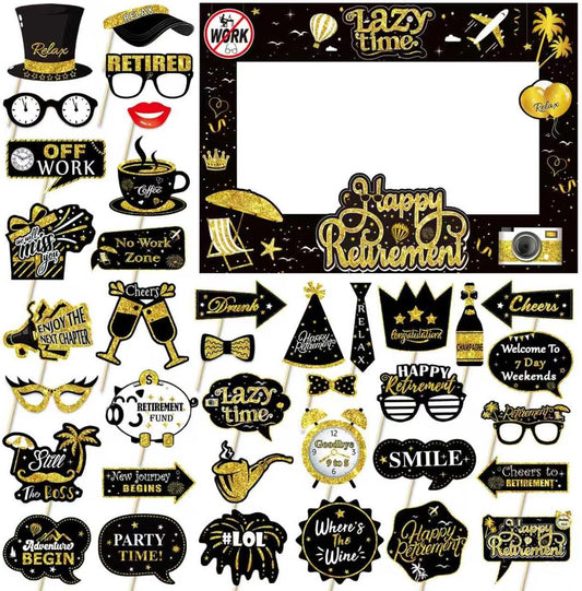 Retirement Party Photo Booth Props Kit - 27pcs Paper Photo Props 1 Frame Glitter Retirement Party Decorations for Retiree Celebration, Farewell Office Party Supplies (Black and Gold)