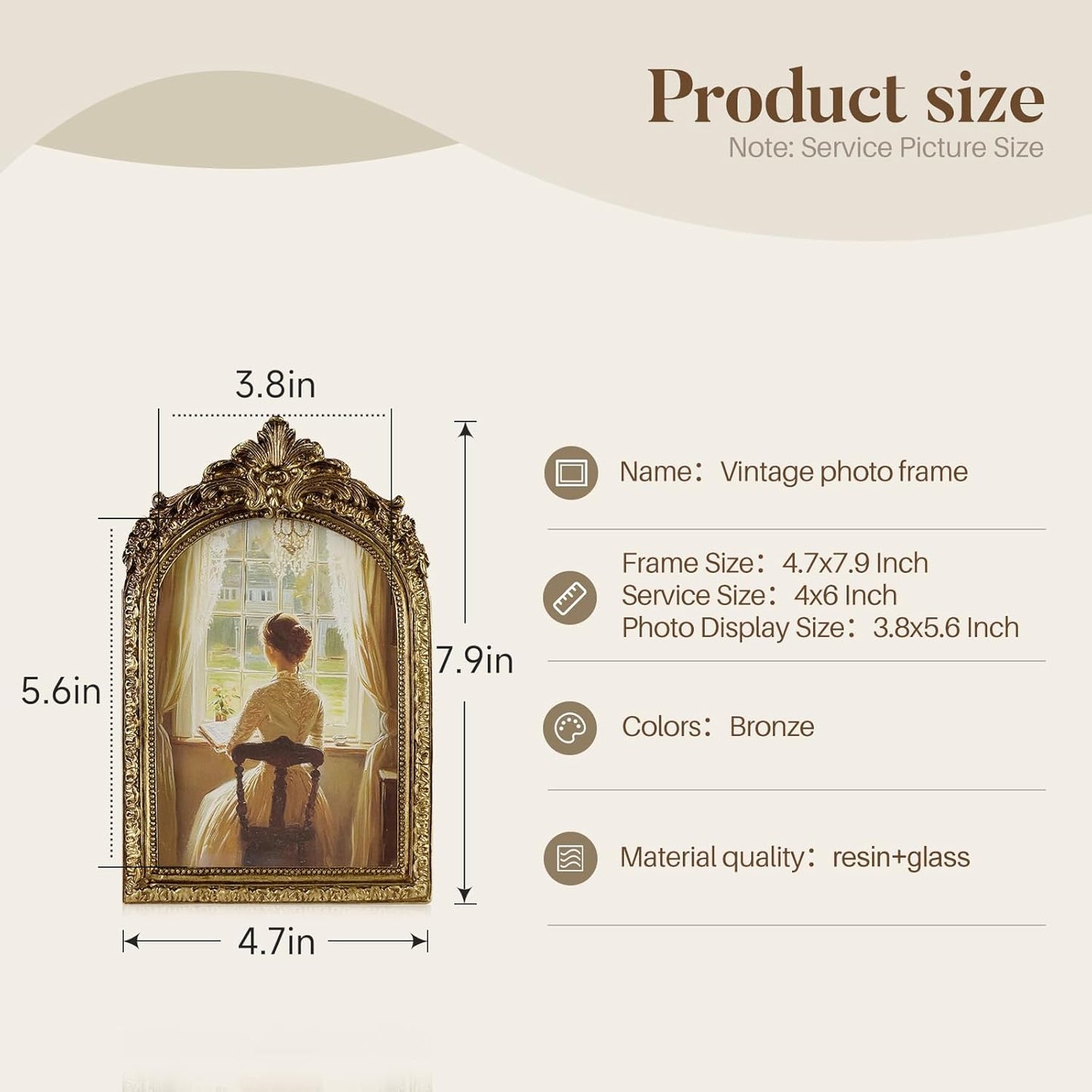Cuspin Vintage 4x6 Picture Frame, Gold Ornate Resin Frames with Plexiglass Front for Tabletop and Wall Mounting, Antique Arched Photo Frame for Home Office Decor