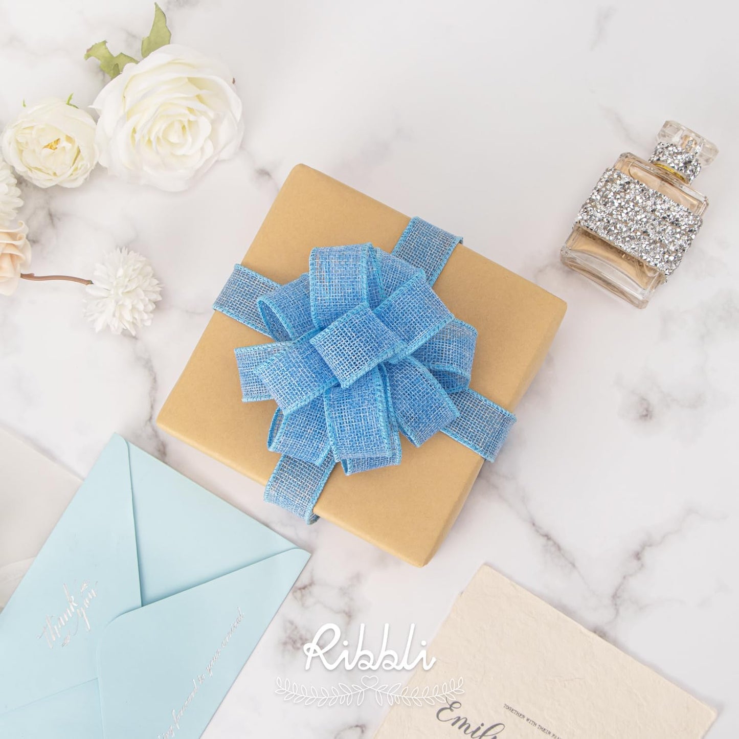 Ribbli Baby Blue Burlap Wired Ribbon, 1 Inch x Continuous 20 Yard, Wired Edge Ribbon for Wreaths,Big Bows,Tree Decoration,Outdoor Decoration