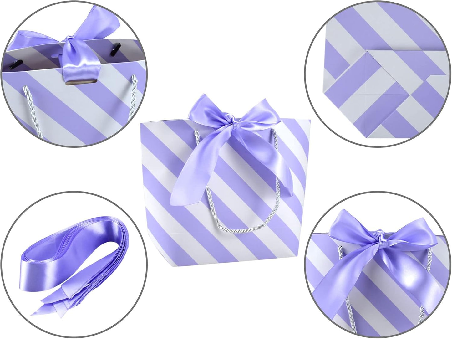 HUAPRINT Gift Bags with Handles,7.48×3.54×7.9 inches,Party Favor Bags with Bow Ribbon,12Pcs White and Light Purple Stripe Paper Bags for Birthday Wedding Bridesmaid Present Celebration Holiday