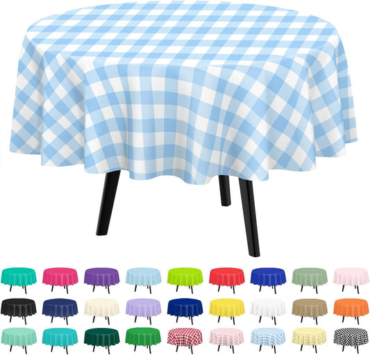 QIKSION Blue Gingham Round Tablecloth 3 Pack, 84 Inch Plastic Checkered Table Cover Disposable for Parties