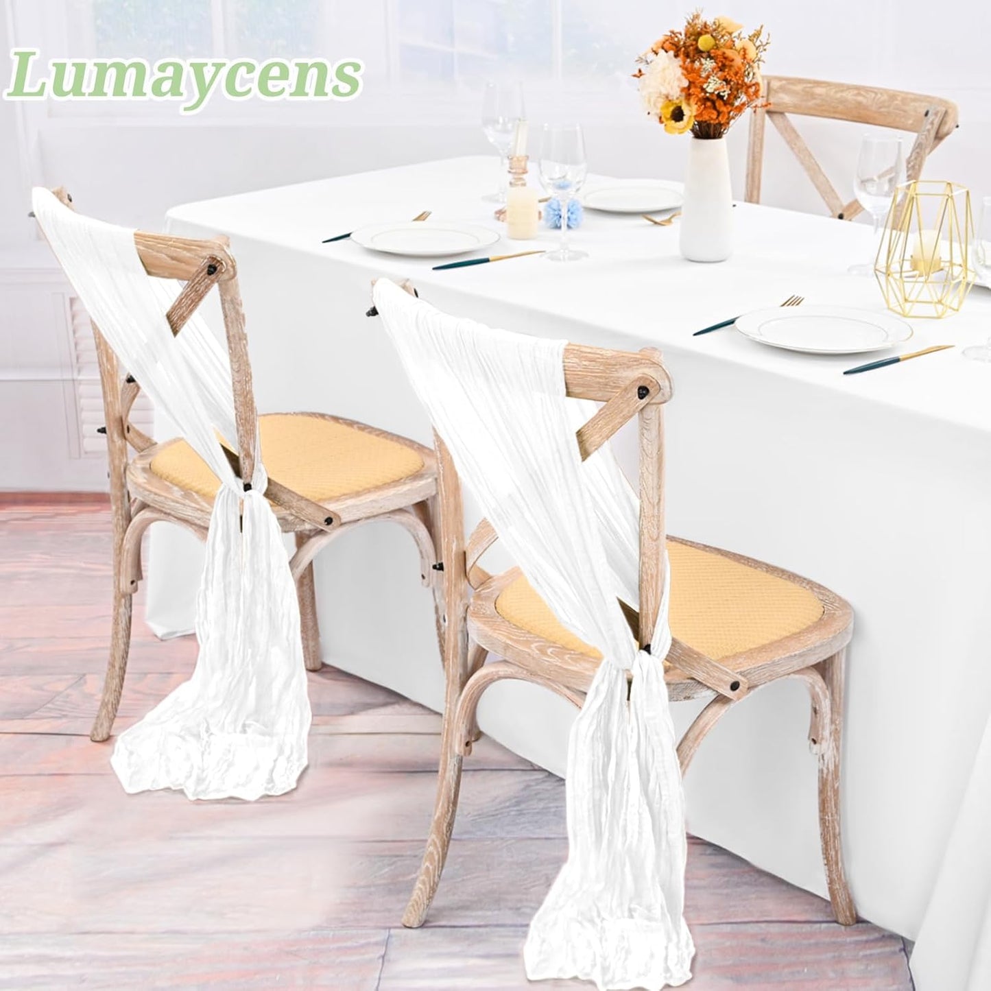50 PCS Cheesecloth Chair Sashes Bows Wedding Aisle Decorations Chair Ribbon Ties Back Sash for Wedding Party Events Banquet Chair Cover Decoration (White)