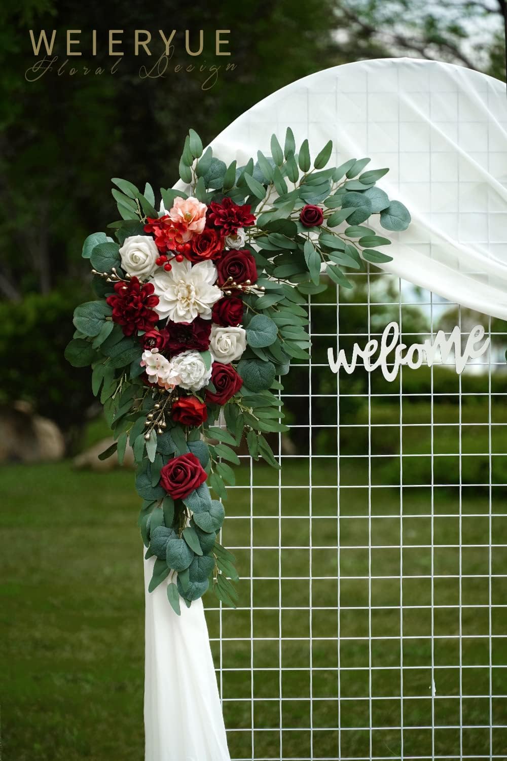 Artificial Wedding Arch Flowers Kit(Pack of 3),2Pcs Artificial Flower Arch Decor,1Pcs Sheer Drape for Wedding Ceremony Arbor for WeddingCeremony (Burgundy Wedding)