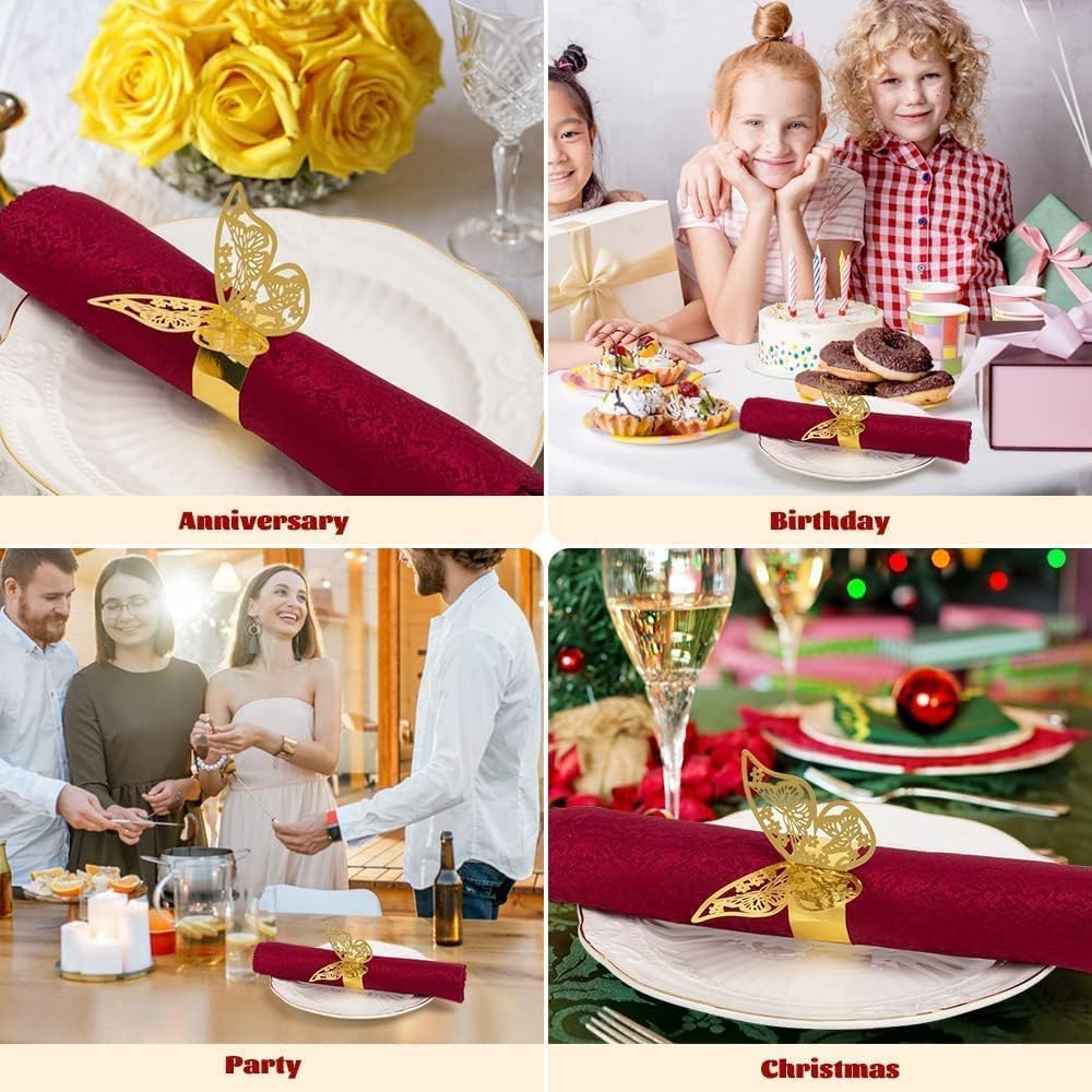 100 Pcs Napkin Rings Laser Cut Butterfly Shape Foil Paper Napkin Holder for Weddings Party Serviette Table Decoration Restaurant (Gold)