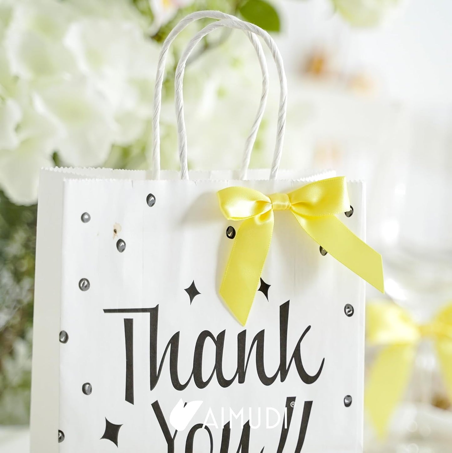 AIMUDI Yellow Bows 2.5" Satin Bows with Twist Tie Premade Craft Bows for Treat Bags Cake Pop Gift Wrapping Basket Wedding Favors Cookie Candy Bagging Baby Shower - 50 Counts