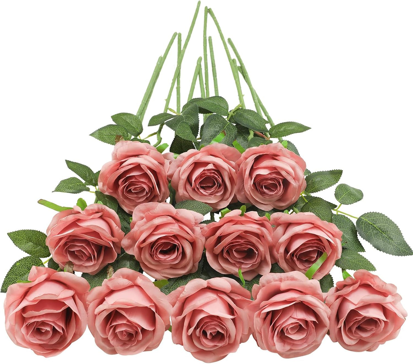 Tifuly Dusty Pink Roses Artificial Flowers -12 Pcs Long Stem Silk Roses, Realistic Fake Roses with Stems for Bridal Bouquets, Home and Office DIY Decor