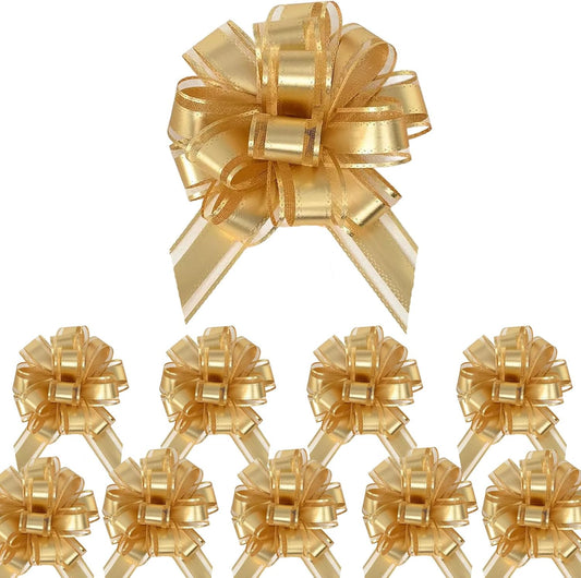 Small Pull Bows, 10 PCS 4 Inch Gold Gift Bows for Wrapping,Basket, Wedding,Birthday Party,Flower Bouquet Decoration