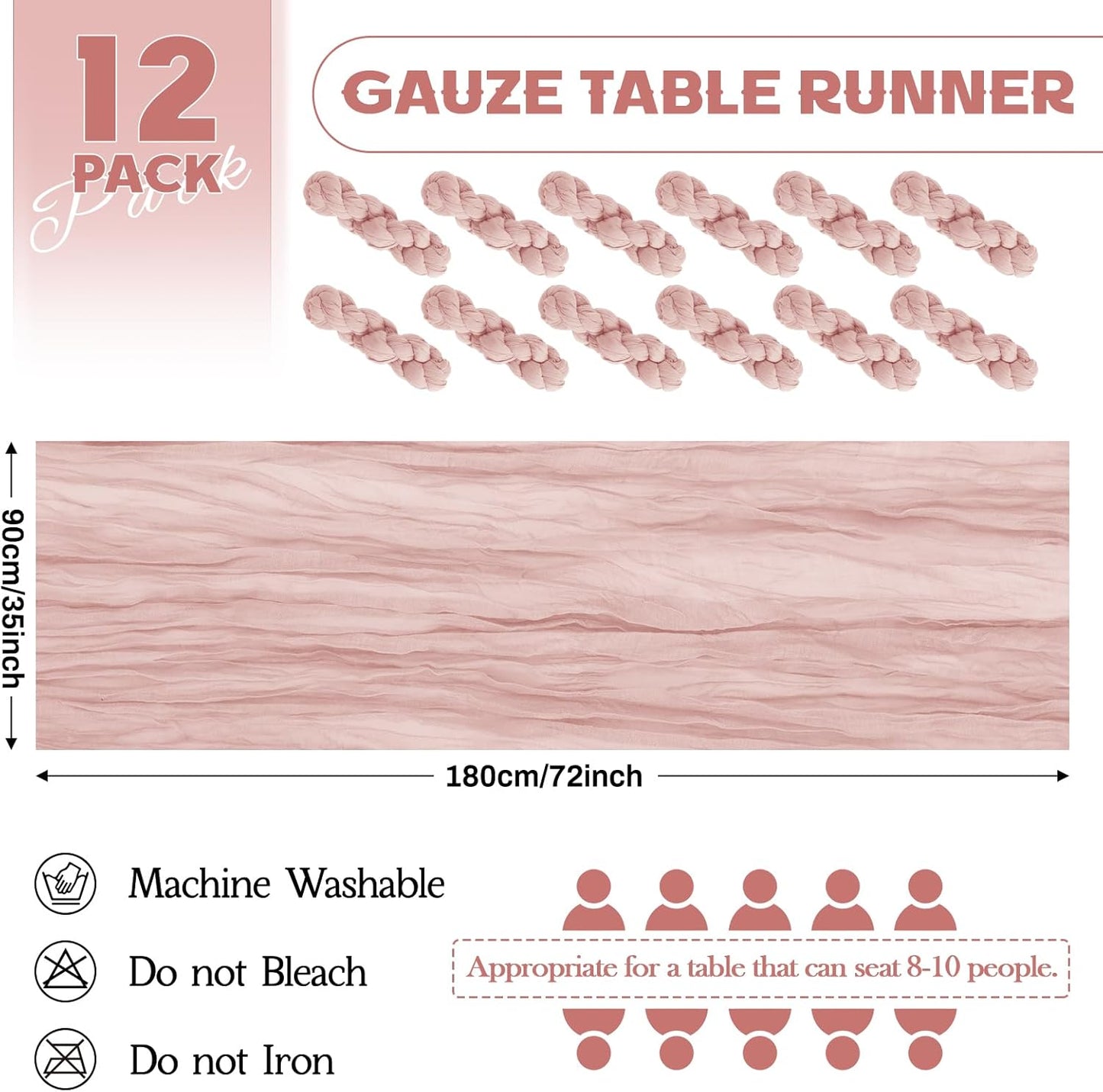 Aktor 12 Pack Dusty Pink Table Runner Boho Cheesecloth Table Runner Semi Sheer Gauze Fabric Runners for Wedding Birthday Baby Shower Party Boho Table Decoration（Dusty Pink）