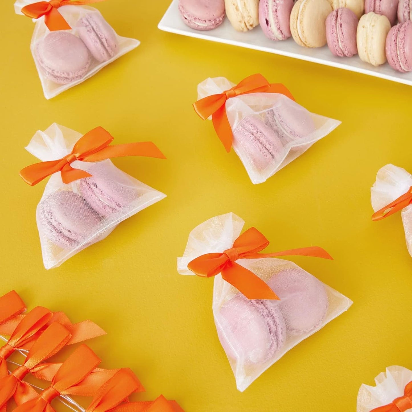 Bright Creations 100 Pack Orange Twist Tie Bows for Treat Bags - 3" Small Satin Ribbons Orange Twist Ties for Craft Decoration, Gift Wrap, Themed Party Favors, Baked Goods