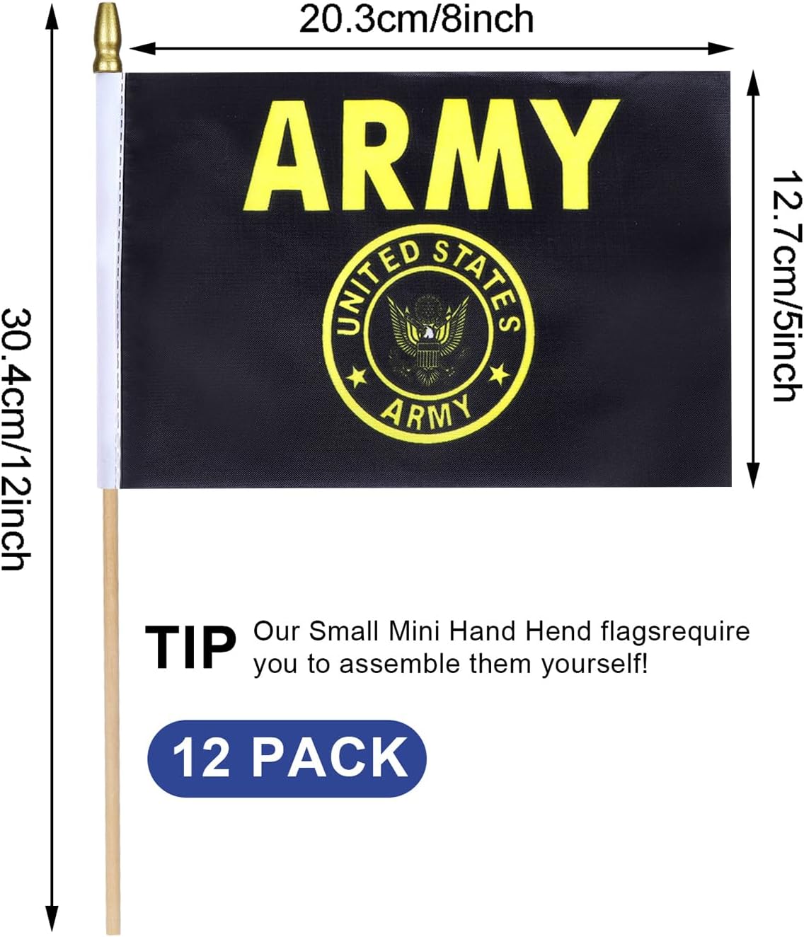 12Pcs Small USA Gold Crest Flags on Wooden Stick Mini Military Flag Hand Held Flag Decorations,5x8 Inch