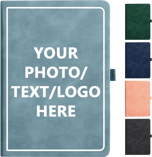 Vebermo Personalized Notebook Custom Journal Notebook PU Leather A5 Can Customized with Logo/Text/Image- 192 Lined Pages 8.3 x 5.9 Inch, Pen Loop, Elastic Band, Lakeblue Hardcover