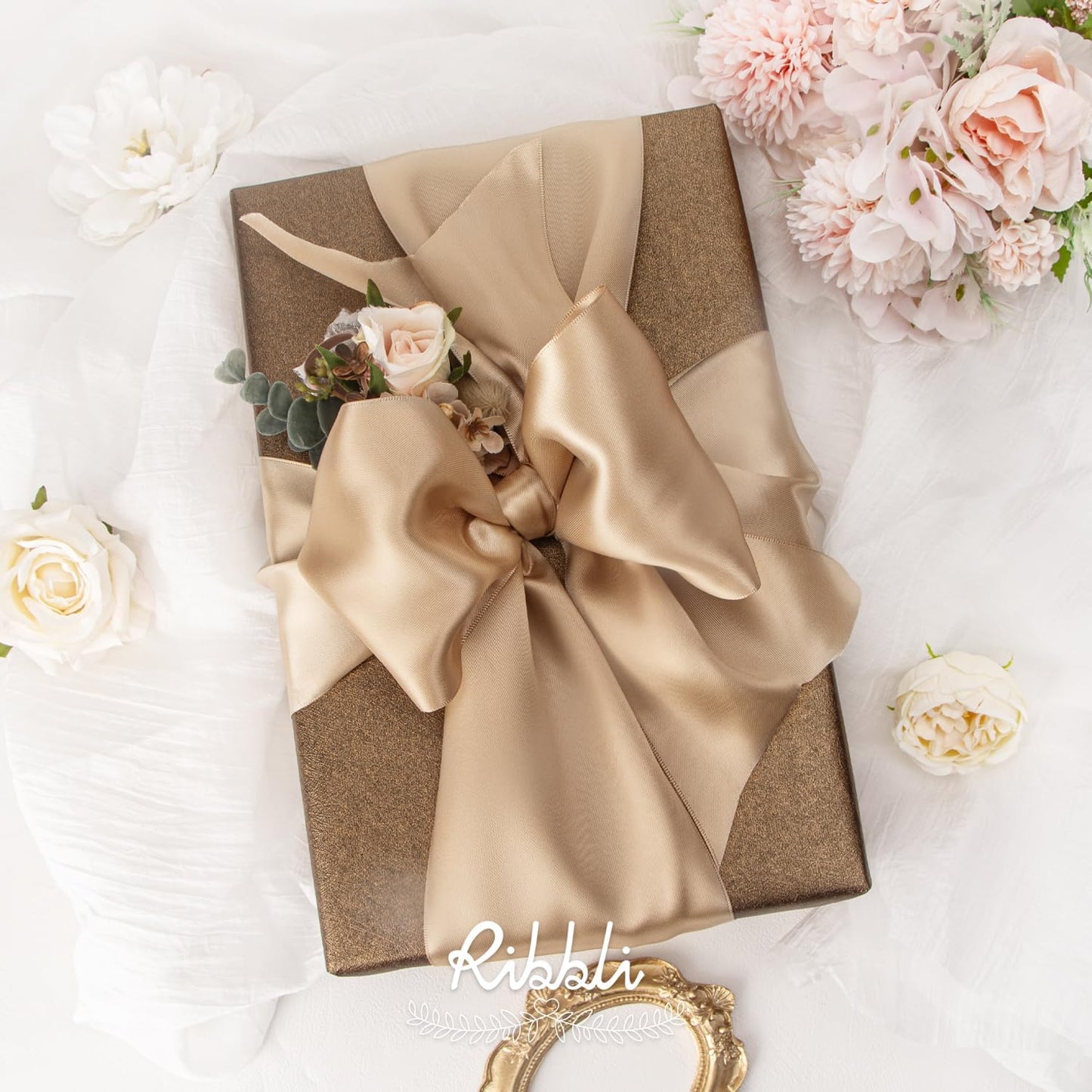 Ribbli Champagne Gold Satin Ribbon 4 Inch Wide Champagne Ribbon for Wedding Chair Sash Grand Opening Ceremony Big Bows Gift Wrapping Floral Crafts Cake Decor-Double Faced Satin Continuous 10 Yards
