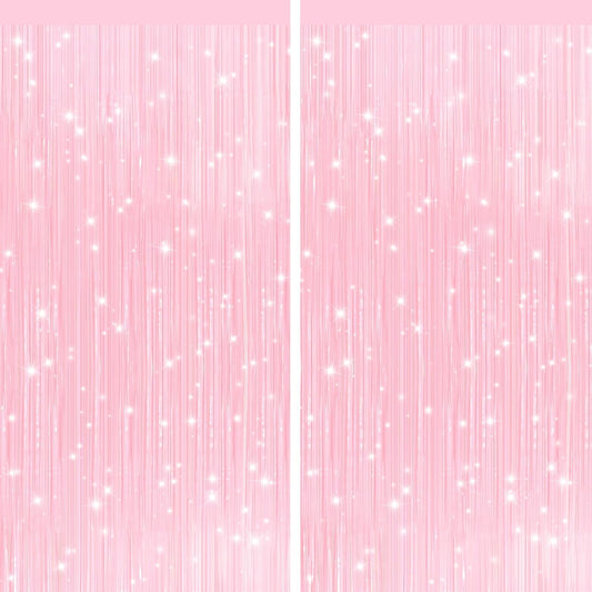 2Pack Pastel Pink Metallic Tinsel Foil Fringe Curtains, Pink Backdrop, Door Streamers Photo Booth Backdrop for Birthday Party, Tinsel Curtain Backdrop for Shower Bachelorette Xmas Party Decorations