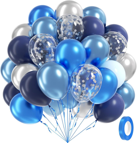 60pcs Blue and Silver Balloons 12inch with Navy Blue Pastel Blue Silver Confetti Balloons for Graduation Baby Shower Wedding Birthday Party Decorations