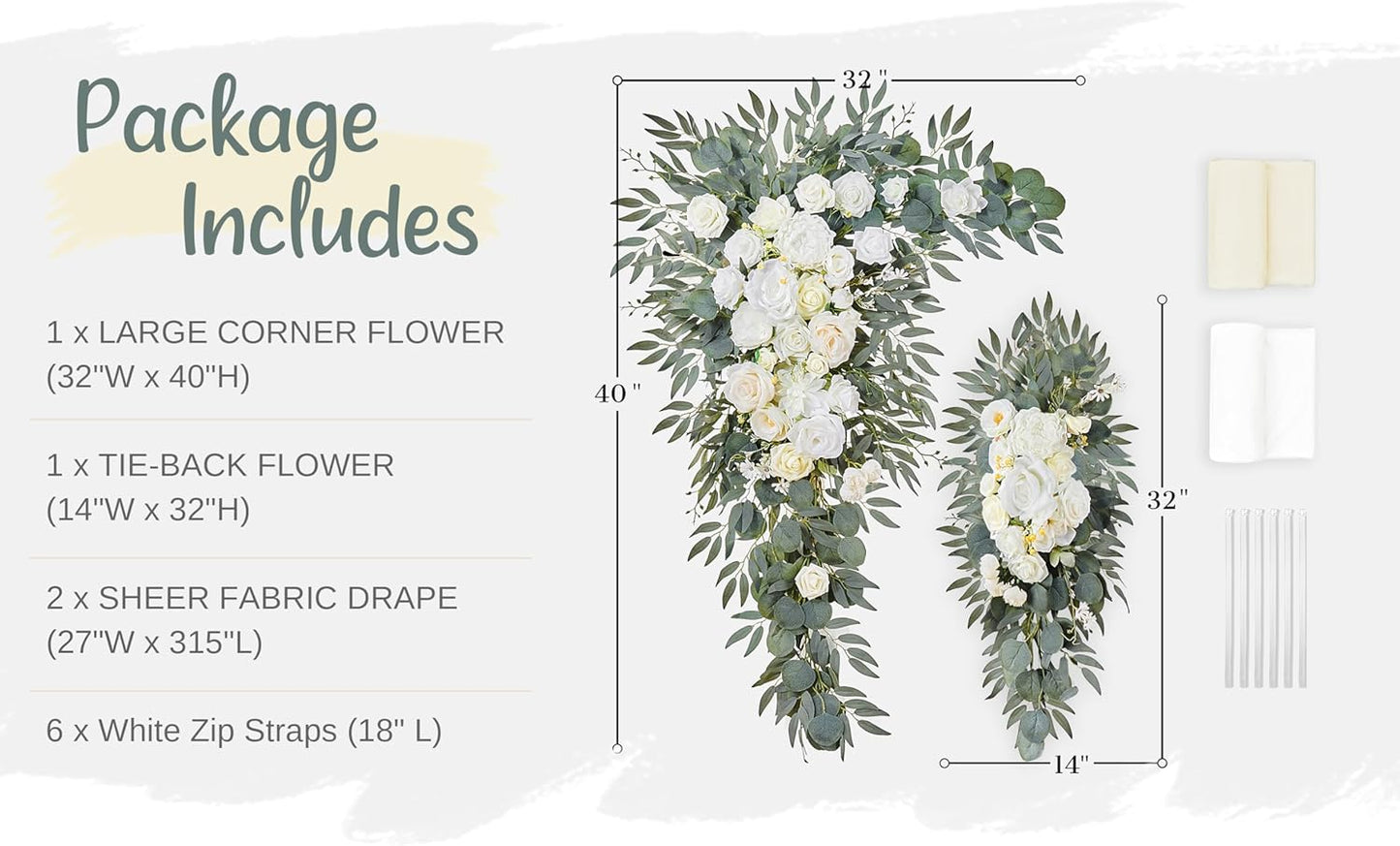 Wedding Arch Flowers with Drapes Kit (Pack of 4) - 2pcs Artificial Ivory & White Deluxe Swag with 2pcs Sheer Drapes for Wedding Ceremony Arbor Reception Backdrop Rose Floral Decoration