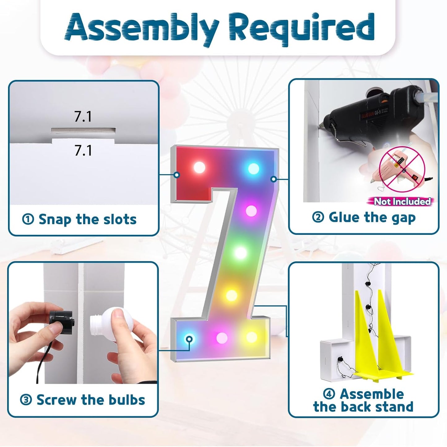 imprsv 3FT Colorful Marquee Numbers,18 Colors Number 7 with Remote, Light Up Numbers Sign for 70th Birthday Decorations Anniversary Party Decor, Pre-Cut Foam Board Kit, Mosaic Sign for Balloon