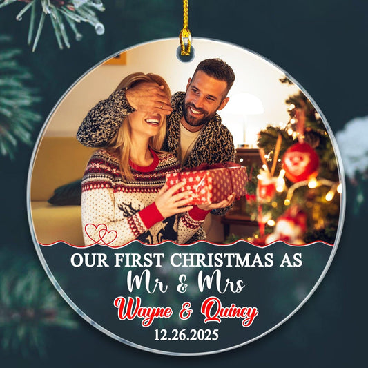 Our First Christmas As Mr & Mrs Ornament 2025, Customized Date Photo Names Mr & Mrs Together Ornaments Gift for Anniversary, Personalized Upload Photo Christmas Ornament for Just Married/Newlyweds