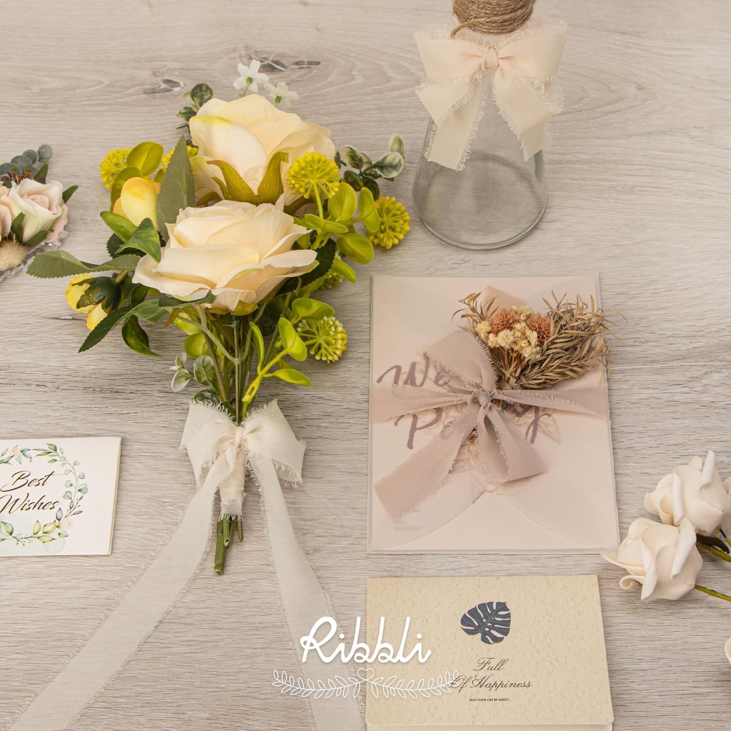 Ribbli Nude Ribbon 1 Inch x 3 Rolls Total 24 Yards Cream/Nude/Beige Handmade Fringe Chiffon Silk Ribbon for Wrapping Wedding Invitations Bridal Bouquets DIY Crafts Home Decor