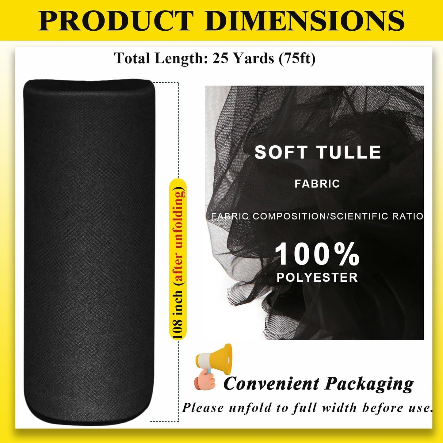 108 Inch 25 Yards Black Tulle Fabric Roll, Extra Large Matte Tulle Netting Bolt for Wedding Ceiling Drapes Arch Banquet Party Decorations Tutu Skirt Baby Shower DIY Crafts Gift Wrapping (Black)